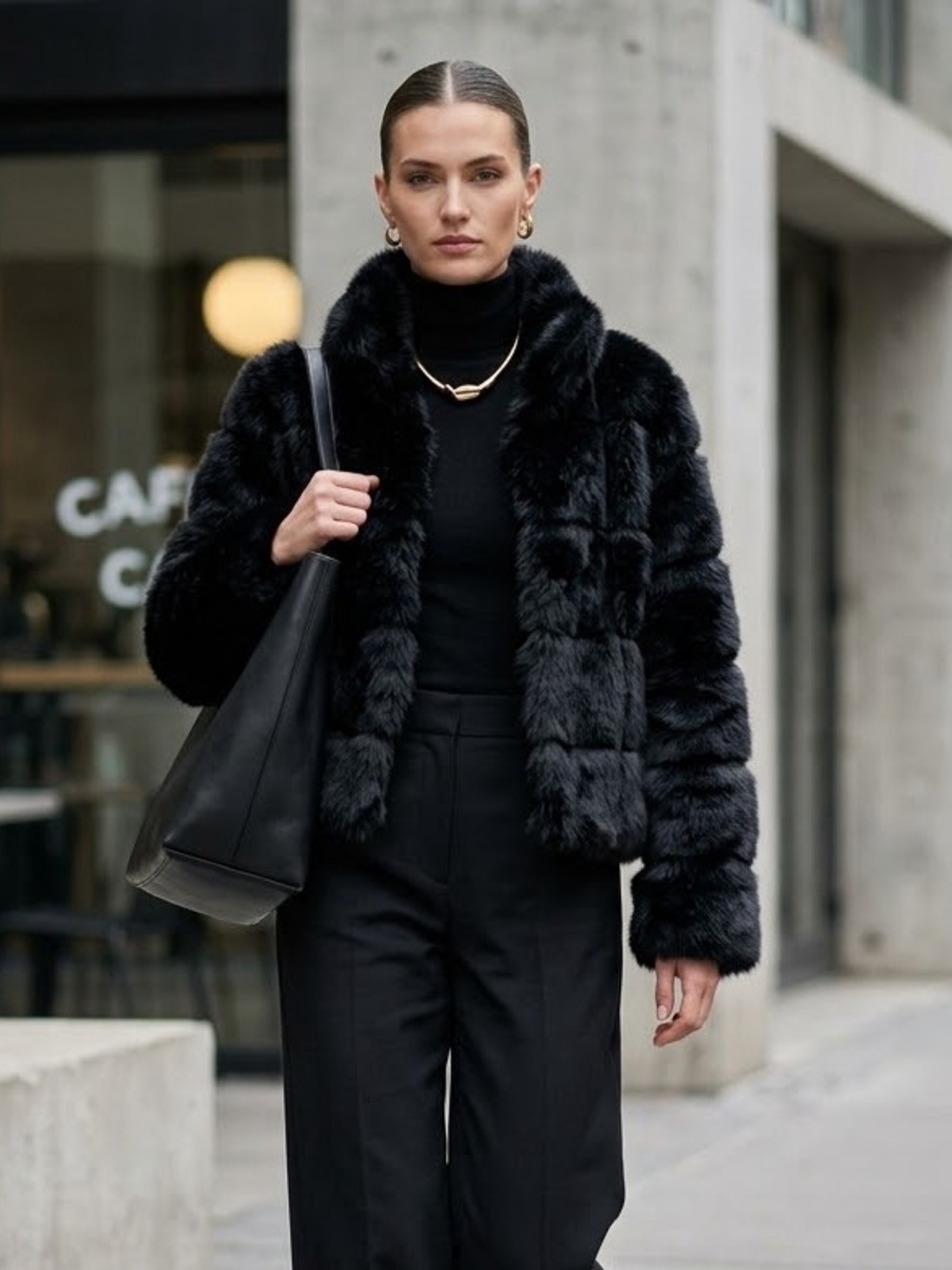 Black Faux Fur Puffer Womens Jacket
